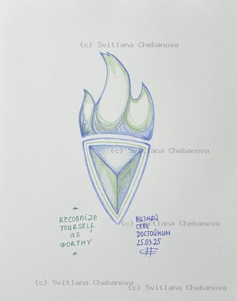 Angel artwork Day 84 - Green blue colored pencil flame torch triangular shield