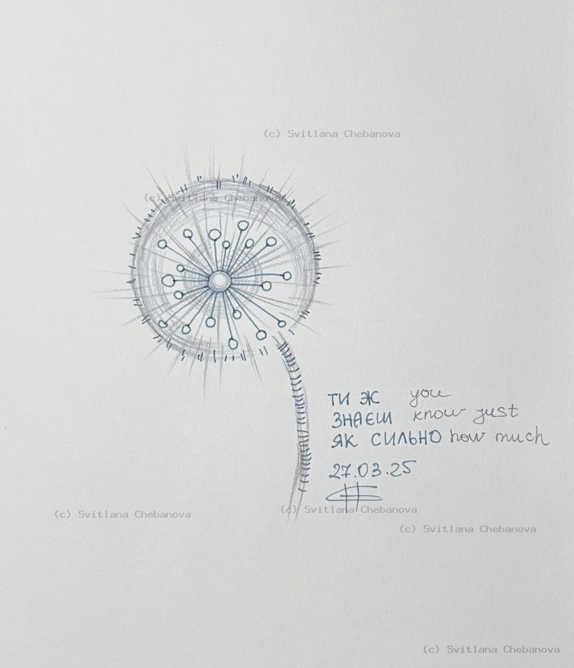 Angel artwork Day 86 - Blue gray pen dandelion seedhead radiating lines circles