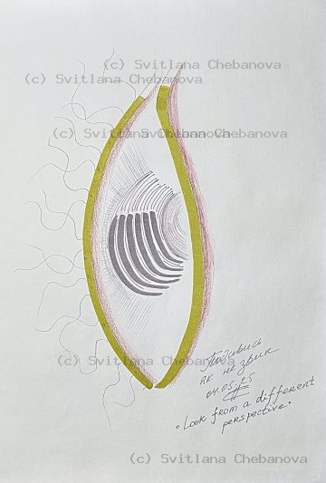 Angel artwork Day 124 - Olive gold colored pencil eye leaf striped pink border wispy