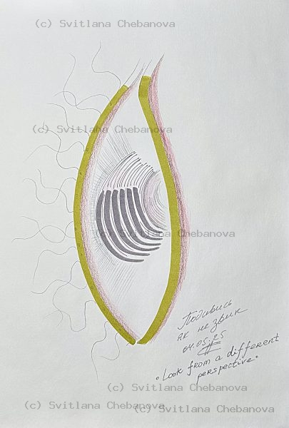 Angel artwork Day 124 - Olive gold colored pencil eye leaf striped pink border wispy