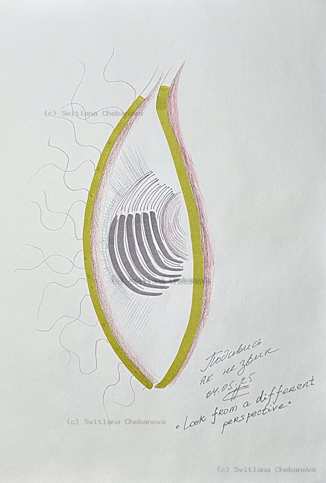 Angel artwork Day 124 - Olive gold colored pencil eye leaf striped pink border wispy