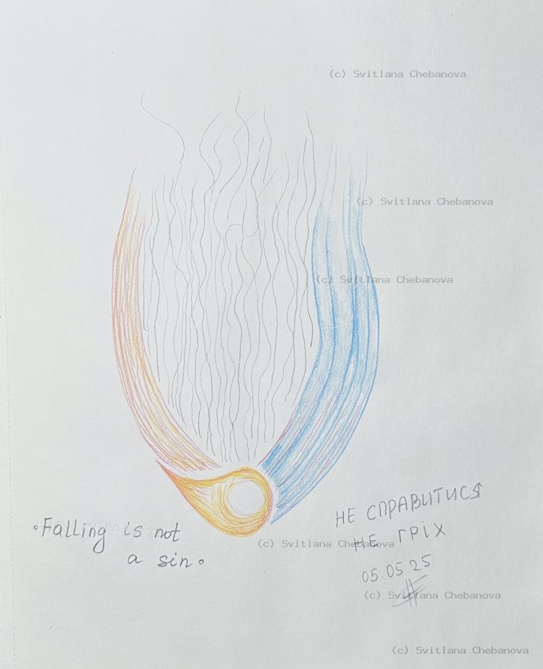 Angel artwork Day 125 - Orange yellow blue colored pencil flame feather gray waves golden ring