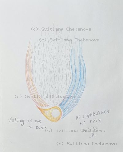 Angel artwork Day 125 - Orange yellow blue colored pencil flame feather gray waves golden ring