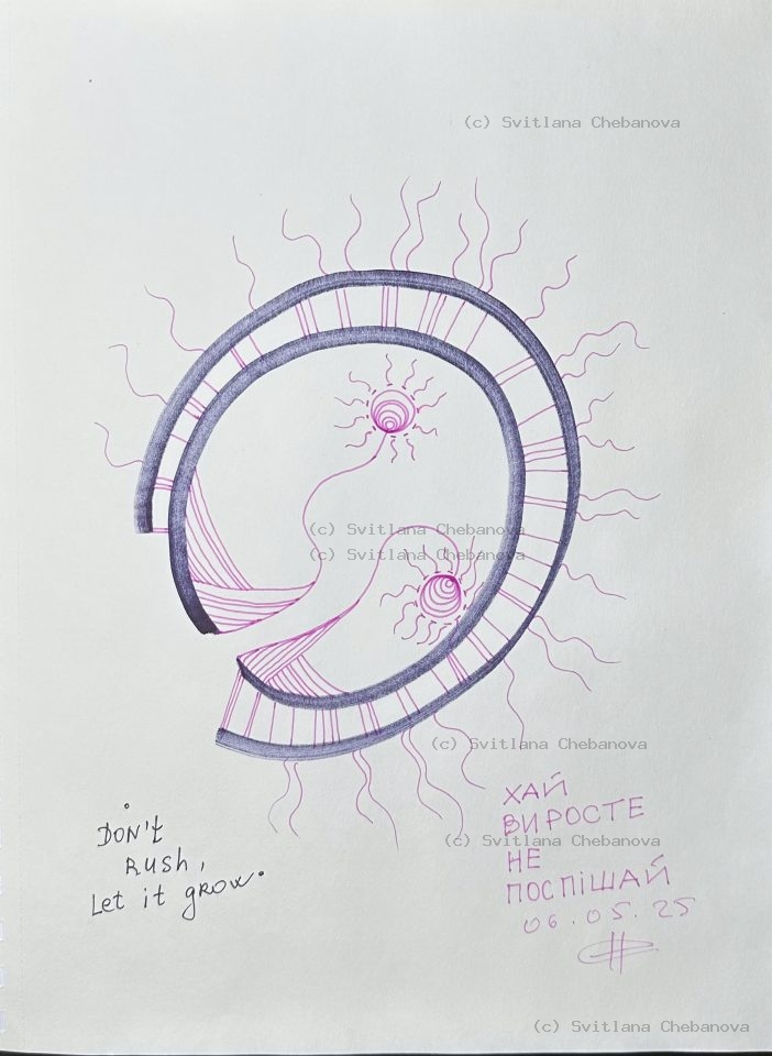 Angel artwork Day 126 - Dark blue pen spiral coil pink decorative sun organic lines