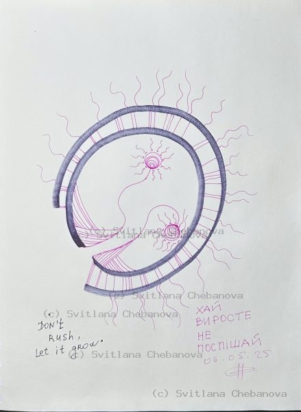Angel artwork Day 126 - Dark blue pen spiral coil pink decorative sun organic lines