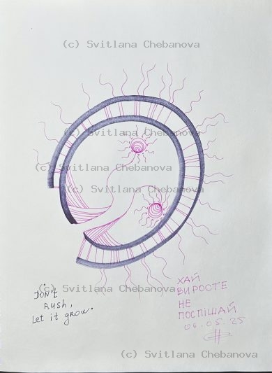 Angel artwork Day 126 - Dark blue pen spiral coil pink decorative sun organic lines