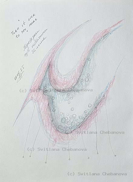 Angel artwork Day 127 - Pink blue gray colored pencil flowing form bubbles hanging lines