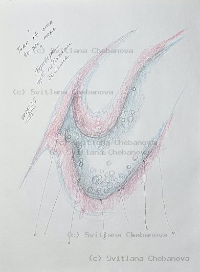 Angel artwork Day 127 - Pink blue gray colored pencil flowing form bubbles hanging lines