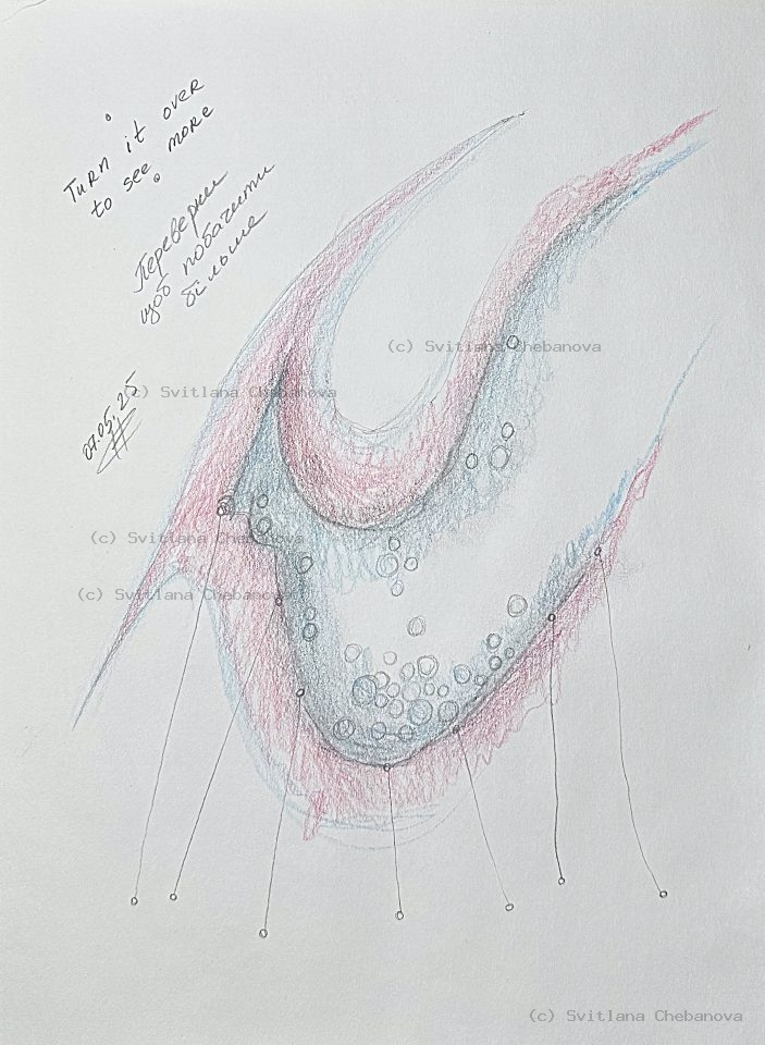 Angel artwork Day 127 - Pink blue gray colored pencil flowing form bubbles hanging lines