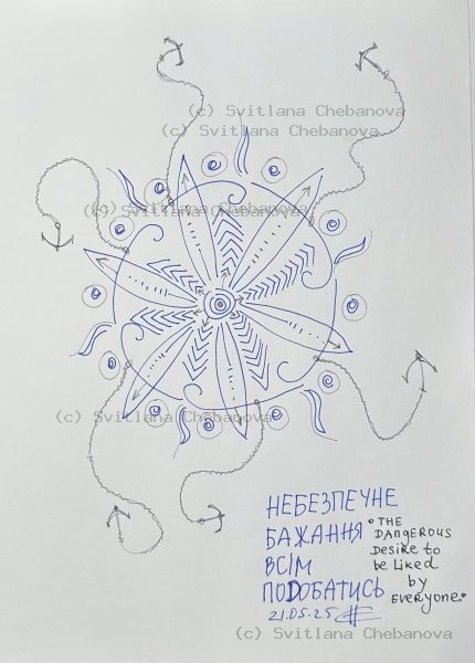 Angel artwork Day 141 - Blue pen compass flower mandala curling waves anchors