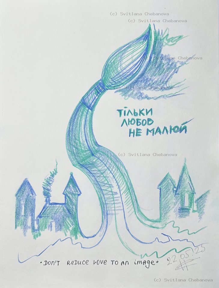 Angel artwork Day 142 - Teal blue colored pencil tulip flower bud curved stem village houses