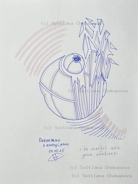 Angel artwork Day 144 - Blue pen sphere eye crystalline ice spikes gray curved signals