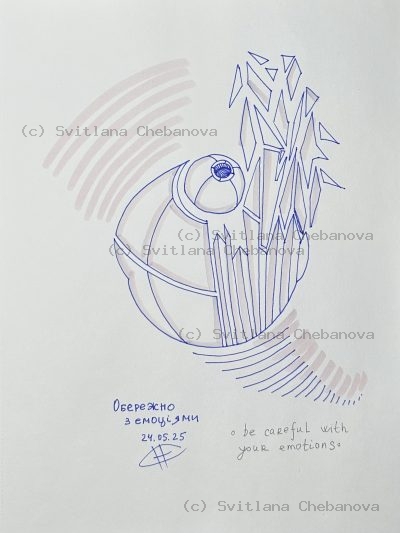 Angel artwork Day 144 - Blue pen sphere eye crystalline ice spikes gray curved signals