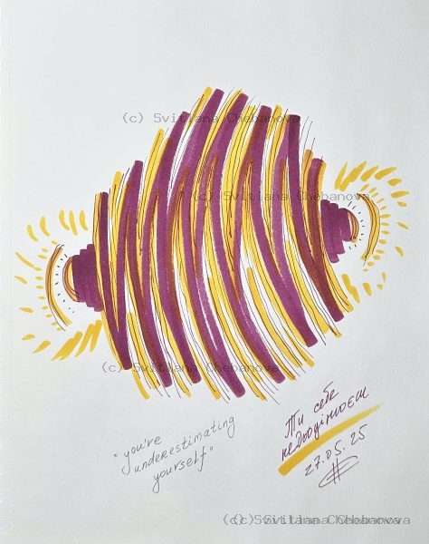 Angel artwork Day 147 - Burgundy yellow marker curved stripes woven sphere radiating energy