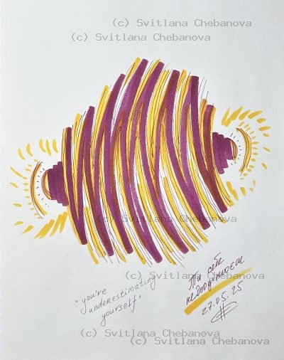 Angel artwork Day 147 - Burgundy yellow marker curved stripes woven sphere radiating energy