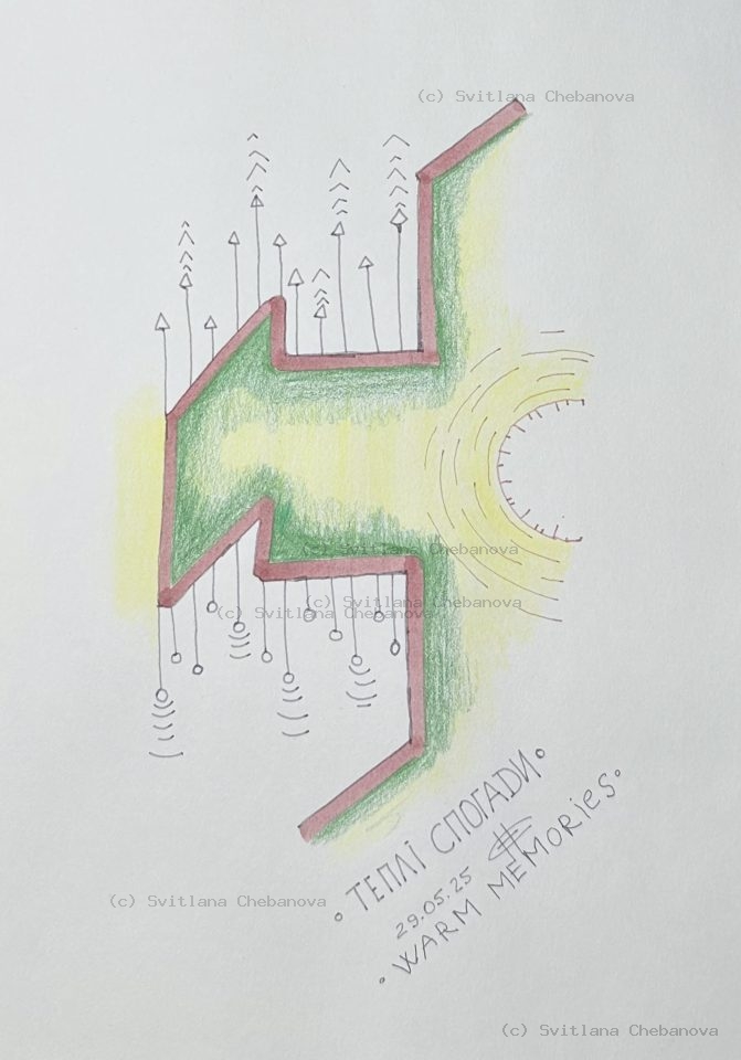 Angel artwork Day 149 - Green pink burgundy colored pencil angular stairs arrows sun yellow