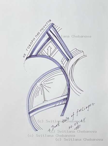 Angel artwork Day 150 - Blue pen abstract S-curved DNA geometric arrows lighthouse sun